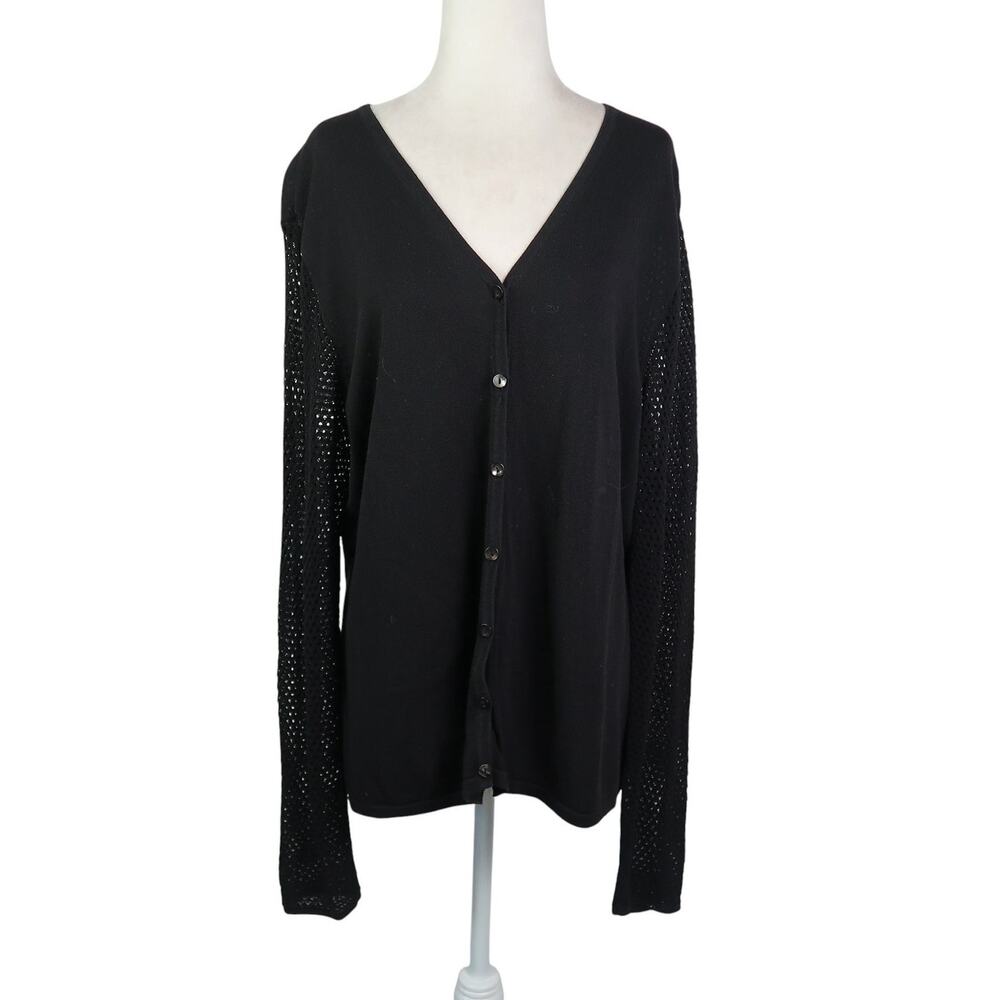 Vintage 90s Apostrophe Black Cardigan Sweater Mesh Knit Sleeves L